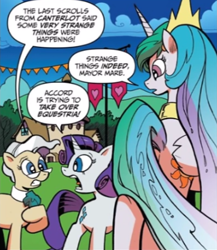 Size: 371x428 | Tagged: safe, artist:andy price, idw, official comic, mayor mare, princess celestia, rarity, alicorn, earth pony, pony, unicorn, g4, spoiler:comic, butt, cropped, crown, female, gray mane, grey hair, horn, jewelry, long hair, long mane, long tail, mare, multicolored hair, multicolored mane, multicolored tail, plot, purple hair, purple mane, regalia, tail