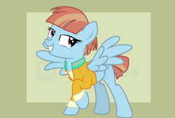Size: 7440x5032 | Tagged: safe, artist:milkyboo898, windy whistles, pegasus, pony, g4, absurd resolution, clothes, female, mare, raised hoof, shirt, simple background, solo, spread wings, wings