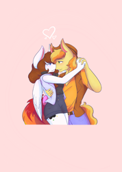 Size: 1462x2048 | Tagged: safe, artist:mscolorsplash, braeburn, oc, oc:color splash, earth pony, pegasus, anthro, g4, arm around back, canon x oc, dancing, duo, female, grin, heart, holding hands, looking at each other, looking at someone, looking into each others eyes, male, mare, pink background, shipping, simple background, smiling, smiling at each other, stallion, straight