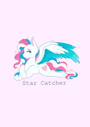 Size: 1462x2048 | Tagged: safe, artist:mscolorsplash, star catcher, pegasus, pony, g3, crossed hooves, female, lidded eyes, looking back, lying down, mare, name, pink background, prone, simple background, solo, sploot, spread wings, starry wings, wings