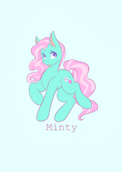 Size: 1462x2048 | Tagged: safe, artist:mscolorsplash, minty, earth pony, pony, g3, blue background, female, heart, heart eyes, mare, name, simple background, smiling, solo, tongue out, wingding eyes