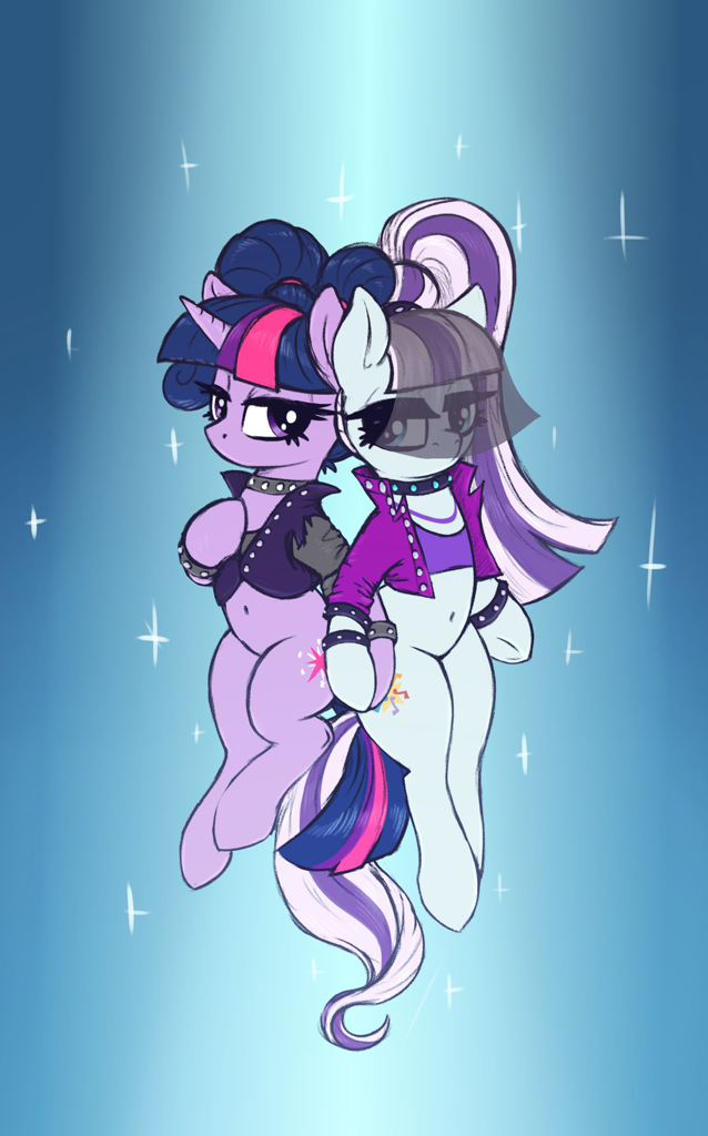 [alternate hairstyle,bracelet,choker,clothes,earth pony,female,holding hooves,jewelry,mare,pigtails,pony,prehensile tail,safe,sparkles,tail,tail hold,twilight sparkle,unicorn,veil,vest,looking at each other,gradient background,hoof hold,coloratura,countess coloratura,artist:t72b,looking at someone]