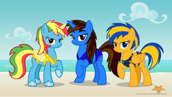 Size: 5360x3015 | Tagged: safe, artist:andoanimalia, oc, oc only, oc:flare spark, oc:royal strength, alicorn, pegasus, pony, starfish, unicorn, g4, beach, bedroom eyes, bikini, clothes, female, swimsuit