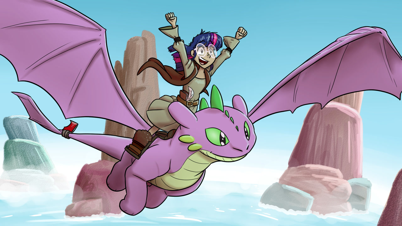 [crossover,dragon,dreamworks,duo,female,flying,glasses,how to train your dragon,human,humanized,male,open mouth,riding,safe,species swap,spike,twilight sparkle,wings,night fury,artist:timsplosion,arms in the air,smiling,spread wings,wholesome,humans riding dragons,open smile,duo male and female,twilight riding spike]