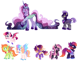 Size: 1280x1014 | Tagged: safe, artist:shebasoda, oc, oc only, oc:frosting sparkle pie, oc:princess evening nightfall, unnamed oc, alicorn, bat pony, bat pony alicorn, pony, :o, alicorn oc, armor, bat pony oc, bat wings, blue eyes, body markings, bowtie, chest fluff, chestplate, closed mouth, clothes, coat markings, colored eartips, colored eyelashes, colored hooves, colored pupils, colored sclera, colored wings, concave belly, countershading, crown, cute, cute little fangs, cyan eyes, ear tufts, ethereal hair, ethereal mane, ethereal tail, eyeshadow, facial markings, fangs, female, flying, folded wings, golden eyes, gradient legs, gradient mane, gradient tail, hair bun, headcanon, headcanon in the description, height difference, helmet, hoodie, hoof polish, hoof shoes, horn, jewelry, lidded eyes, long legs, long mane, long tail, looking at you, looking back, magenta eyes, makeup, male, mare, multicolored wings, neck bow, open mouth, pale belly, peytral, physique difference, princess shoes, purple eyes, raised hoof, regalia, royal guard, royal guard armor, scarf, simple background, slender, smiling, space buns, sparkly mane, sparkly tail, spread wings, stallion, standing, star (coat marking), starry mane, starry tail, tail, tall, thin, tiara, transparent background, turned head, unshorn fetlocks, wall of tags, wings, yellow eyes, yellow sclera