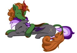 Size: 1210x828 | Tagged: safe, artist:nismorose, oc, oc only, oc:belldrums, oc:shamrock clover, bat pony, kirin, pony, bat pony oc, bat wings, cheek fluff, couple, cuddling, cute, ear fluff, ears back, eyelashes, eyes closed, female, horn, hug, kirin oc, lying down, male, mare, purple hair, purple mane, purple tail, simple background, sleeping, stallion, tail, white background, wings