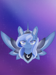Size: 2980x3975 | Tagged: safe, artist:sodapop sprays, princess luna, alicorn, pony, g4, alternate hairstyle, blushing, bust, chest fluff, colored ear fluff, commission, ear fluff, eye clipping through hair, eyebrows, eyebrows visible through hair, gradient background, high res, jewelry, looking at you, pale belly, regalia, solo, spread wings, stars, wings, ych result