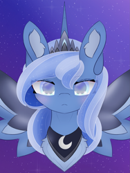 Size: 1713x2284 | Tagged: safe, artist:sodapop sprays, princess luna, alicorn, pony, g4, alternate hairstyle, blushing, bust, chest fluff, colored ear fluff, commission, ear fluff, eye clipping through hair, eyebrows, eyebrows visible through hair, gradient background, jewelry, looking at you, pale belly, regalia, solo, spread wings, stars, wings, ych result