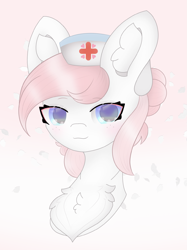 Size: 1859x2479 | Tagged: safe, artist:sodapop sprays, nurse redheart, earth pony, pony, g4, alternate hairstyle, bust, chest fluff, commission, ear fluff, gradient background, happy, looking at you, nurse, solo, ych result