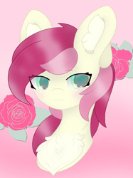 Size: 1790x2388 | Tagged: safe, artist:sodapop sprays, roseluck, earth pony, pony, g4, blushing, bust, chest fluff, commission, ear fluff, gradient background, looking at you, solo, ych result