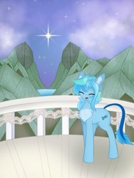 Size: 2391x3188 | Tagged: safe, artist:sodapop sprays, oc, pony, unicorn, art trade, chest fluff, commission, ear fluff, high res, mountain, scenery, solo, stars, ych result