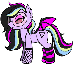 Size: 1403x1224 | Tagged: safe, artist:dashytrash, artist:kandipop, oc, oc only, oc:eclipse starlight, bat pony, pony, alchemy, clothes, female, fishnet stockings, glasses, piercing, red eyes, round glasses, simple background, smug, socks, solo, striped socks, transgender, white background