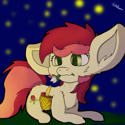 Size: 1500x1500 | Tagged: safe, artist:ilikeluna, roseluck, earth pony, pony, g4, basket, big ears, cute, female, flower, mare, mouth hold, night, rosabetes, signature, solo, starry night