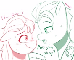 Size: 2048x1683 | Tagged: safe, artist:maren, hitch trailblazer, sunny starscout, earth pony, pony, g5, blushing, dialogue, doodle, duo, duo male and female, female, looking at each other, looking at someone, male, mare, sheriff's badge, ship:starblazer, shipping, stallion, straight, sweat