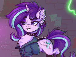 Size: 1600x1200 | Tagged: safe, artist:falafeljake, starlight glimmer, pony, unicorn, g4, chains, chest fluff, choker, clothes, collar, ear fluff, ear piercing, edgelight glimmer, eyebrows, eyebrows visible through hair, female, horn, mare, piercing, punk, punklight glimmer, solo
