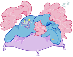 Size: 1386x1081 | Tagged: safe, artist:beetlepaws, dream blue, earth pony, pony, g3, blue, curly hair, curly mane, curly tail, cushion, eyes closed, hoof heart, lying down, pillow, pink hair, pink mane, simple background, sleeping, smiling, solo, tail, transparent background, underhoof