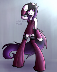 Size: 2000x2500 | Tagged: safe, artist:zeffdakilla, oc, oc only, oc:lacey lullaby, earth pony, semi-anthro, arm hooves, arm warmers, clothes, dress, emo, female, garter belt, high res, looking away, raised hoof, smiling, solo, standing, stockings, thigh highs