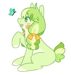 Size: 689x726 | Tagged: safe, artist:beetlepaws, oc, oc only, oc:polliwog, butterfly, earth pony, pony, bow, female, filly, foal, green, green eyes, green hair, green mane, hair bow, hairclip, open mouth, pigtails, raised hoof, short tail, simple background, sitting, smiling, solo, tail, transparent background