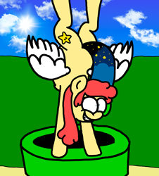 Size: 3023x3351 | Tagged: safe, artist:professorventurer, oc, oc:power star, pegasus, pony, athletic, butt, female, handstand, high res, mare, partially open wings, pegasus oc, pipe (plumbing), plot, rule 85, skybox, solo, super mario 64, super mario bros., upside down, warp pipe, wings