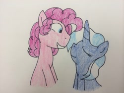Size: 3264x2448 | Tagged: safe, artist:imtailsthefoxfan, pinkie pie, pokey pierce, earth pony, pony, unicorn, g4, bubble berry, eyes closed, female, grin, height difference, high res, looking at each other, looking at someone, male, mare, poppy pin, rule 63, ship:bubblepin, ship:pokeypie, shipping, smiling, smiling at each other, stallion, straight, traditional art