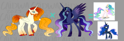 Size: 4781x1611 | Tagged: safe, artist:arodovecaidwa, princess celestia, princess luna, oc, alicorn, pony, g4, alicorn oc, celestia and luna's father, celestia and luna's mother, colored wings, concave belly, female, flowing mane, gradient legs, gradient wings, headcanon, horn, long horn, long legs, long mane, long tail, male, mare, oc x oc, physique difference, raised hoof, raised leg, shipping, side view, signature, slender, spread wings, stallion, standing, tail, tall, thin, wings