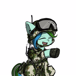 Size: 3937x3937 | Tagged: safe, artist:china consists of them!, oc, oc:tracer wake, camouflage, clothes, commissioner:qqid, eyes closed, gorget patches, helmet, high res, military, military uniform, patch, pla, radio, shoes, simple background, sitting, smiling, soldier, uniform, visor, white background