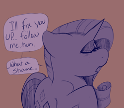 Size: 1600x1400 | Tagged: safe, artist:lexbunsfw, rarity, pony, unicorn, g4, brown background, comic, dialogue, doodle, eyes closed, female, mare, open mouth, simple background, sketch, solo, speech bubble, talking to viewer