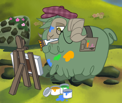 Size: 1114x939 | Tagged: safe, artist:nonameorous, oc, oc only, oc:parsley (tfh), sheep, them's fightin' herds, bag, beret, cloven hooves, community related, easel, hat, looking down, male, meadow, monocle, mouth hold, paint, paint stains, paintbrush, ram, sitting, solo, teeth