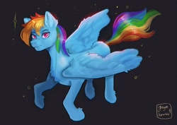 Size: 4096x2896 | Tagged: safe, artist:jaynsparkle, rainbow dash, pegasus, pony, g4, chest fluff, female, high res, hoof fluff, looking at you, mare, partially open wings, signature, smiling, smiling at you, solo, spine, sternocleidomastoid, wings