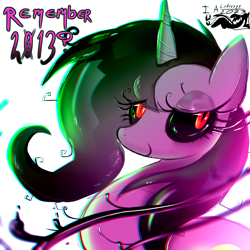 Size: 1024x1024 | Tagged: safe, artist:enderryy, oc, oc only, pony, unicorn, black sclera, bust, digital art, edgy, eyelashes, female, lidded eyes, looking at you, looking back, mare, nostalgia, red eyes, simple background, smiling, solo, text, three quarter view