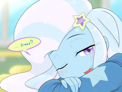 Size: 2224x1668 | Tagged: safe, artist:batipin, trixie, human, equestria girls, g4, cute, cute little fangs, fangs, female, lidded eyes, looking at you, one eye closed, one eye open, open mouth, open smile, question mark, smiling, solo, talking to viewer