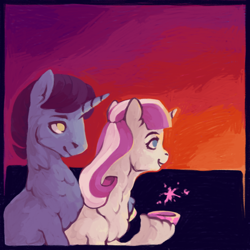 Size: 2000x2000 | Tagged: safe, artist:buttersflutterscotch, night light, twilight velvet, pony, unicorn, g4, duo, female, grin, high res, male, mare, smiling, stallion