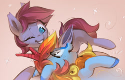 Size: 2086x1345 | Tagged: safe, artist:mirroredsea, oc, oc only, oc:icarus fyrewing, oc:xebec, kirin, pony, duo, grin, kirin oc, looking at each other, looking at someone, one eye closed, open mouth, open smile, simple background, smiling, smiling at each other, sparkles