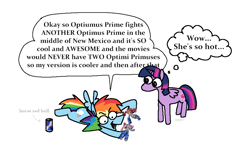 Size: 2685x1626 | Tagged: safe, artist:punkittdev, rainbow dash, twilight sparkle, alicorn, pegasus, pony, g4, action figure, can, dialogue, drink, duo, energy drink, female, hoof hold, lesbian, mare, optimus prime, red bull, ship:twidash, shipping, simple background, speech bubble, thought bubble, transformers, twilight sparkle (alicorn), white background