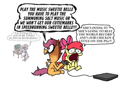 Size: 2874x1932 | Tagged: safe, artist:punkittdev, apple bloom, scootaloo, sweetie belle, earth pony, pegasus, pony, unicorn, g4, computer, controller, cutie mark crusaders, dialogue, female, filly, foal, game console, meme, open mouth, panicking, playstation, playstation 2, scootachicken, simple background, speech bubble, trio, white background