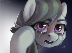 Size: 968x716 | Tagged: safe, alternate version, artist:jewellier, marble pie, earth pony, pony, g4, bust, crying, female, gradient background, hoof in mane, hoof on head, looking at you, looking back, marble pie is not amused, mare, open mouth, portrait, solo, teardrop, teary eyes, three quarter view, unamused