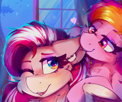 Size: 4061x3400 | Tagged: safe, artist:legionsunite, oc, oc only, oc:cherry heart, oc:velvet volt, pegasus, pony, biting, cheek fluff, chest fluff, curtains, duo, duo female, ear bite, ear fluff, female, floppy ears, fluffy, freckles, heart, high res, indoors, looking at someone, mare, one eye closed, open mouth, open smile, pegasus oc, shipping, smiling, window, wings