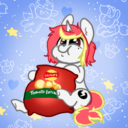 Size: 1000x1000 | Tagged: safe, artist:nootaz, oc, oc:lazy sunday, pony, unicorn, chips, food, tomato ketchup