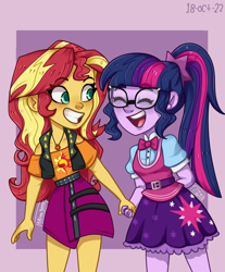 Size: 1900x2300 | Tagged: safe, artist:kikimi34454, sci-twi, sunset shimmer, twilight sparkle, human, equestria girls, g4, clothes, duo, duo female, eyes closed, female, glasses, grin, high res, holding hands, looking at someone, meganekko, open mouth, open smile, sci-twi outfits, skirt, smiling