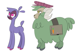 Size: 3200x2150 | Tagged: safe, artist:nonameorous, oc, oc only, oc:parsley (tfh), sheep, them's fightin' herds, bag, beret, cloven hooves, community related, duo, hat, high res, looking up, male, monocle, ram, simple background, standing, white background