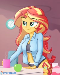 Size: 1115x1390 | Tagged: safe, artist:mr-breadman, sunset shimmer, human, equestria girls, g4, apple, beautiful, belly button, bra, breasts, busty sunset shimmer, button-up shirt, cleavage, clock, clothes, coffee mug, cute, dress shirt, female, food, midriff, morning, mug, panties, plushie, sexy, shimmerbetes, shirt, smiling, solo, stupid sexy sunset shimmer, unbuttoned, underwear, woman