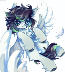 Size: 1849x2048 | Tagged: safe, artist:vanilla-chan, oc, oc only, oc:chidori, pegasus, pony, chest fluff, eye clipping through hair, eyebrows, eyebrows visible through hair, feather, female, looking at you, mare, open mouth, pegasus oc, simple background, solo, spread wings, white background, wings