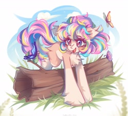 Size: 2200x2000 | Tagged: safe, artist:vanilla-chan, oc, oc only, oc:bijou butterfly, butterfly, earth pony, pony, chest fluff, earth pony oc, eye clipping through hair, eyebrows, eyebrows visible through hair, female, grass, high res, mare, open mouth, open smile, smiling, solo