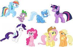 Size: 913x592 | Tagged: safe, applejack, fluttershy, pinkie pie, rainbow dash, rarity, spike, trixie, twilight sparkle, princess trixie sparkle, g4, body swap, female, freaky friday, male, mane seven, mane six, pinkity, ship:appleshy, ship:rainbowspike, ship:raripie, ship:twixie