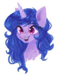 Size: 221x295 | Tagged: safe, artist:jireni, izzy moonbow, pony, unicorn, g5, bust, eyebrows, eyebrows visible through hair, female, mare, open mouth, open smile, picture for breezies, simple background, smiling, solo, white background