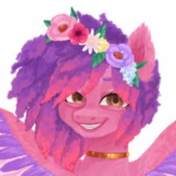 Size: 296x296 | Tagged: safe, artist:jireni, ruby jubilee, pegasus, pony, g5, choker, female, floral head wreath, flower, grin, mare, picture for breezies, simple background, smiling, solo, white background