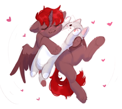Size: 5000x4500 | Tagged: safe, artist:raily, oc, oc only, oc:hardy, alicorn, cat, pony, :3, alicorn oc, blushing, eyes closed, heart, horn, hug, male, plushie, simple background, solo, spread wings, stallion, white background, wings
