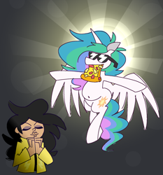 Size: 1266x1358 | Tagged: safe, artist:threetwotwo32232, princess celestia, oc, oc:kana, alicorn, pony, g4, belly, belly button, duo, female, food, fupa, glasses, mare, pizza, praise the sun, praying, round belly