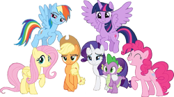 Size: 1163x649 | Tagged: safe, artist:georgegarza01, edit, edited screencap, screencap, applejack, fluttershy, pinkie pie, rainbow dash, rarity, spike, twilight sparkle, alicorn, dragon, earth pony, pegasus, pony, unicorn, g4, ^^, background removed, eyes closed, happy, mane seven, mane six, not a vector, simple background, smiling, transparent background, twilight sparkle (alicorn), winged spike, wings