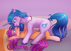 Size: 2800x2000 | Tagged: safe, artist:globug100art, izzy moonbow, sunny starscout, earth pony, pony, unicorn, g5, bed, blushing, butt, commission, cuddling, cute, dock, duo, duo female, eye contact, eyebrows, female, high res, intimate, lesbian, licking, looking at each other, looking at someone, lying down, mare, on back, pinned, plot, ship:moonscout, shipping, size difference, smiling, spread legs, spreading, tail, tongue out